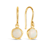 A pair of 9ct yellow gold shepherd's hook drop earrings shown front on, featuring a 6mm white opal set in a minimalist gold bezel. Styled as an October birthstone piece.