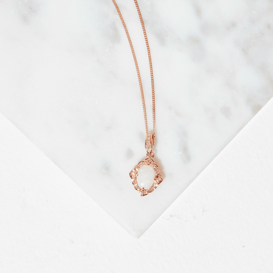 Solid White Opal & Diamond Pendant in 9ct Rose Gold