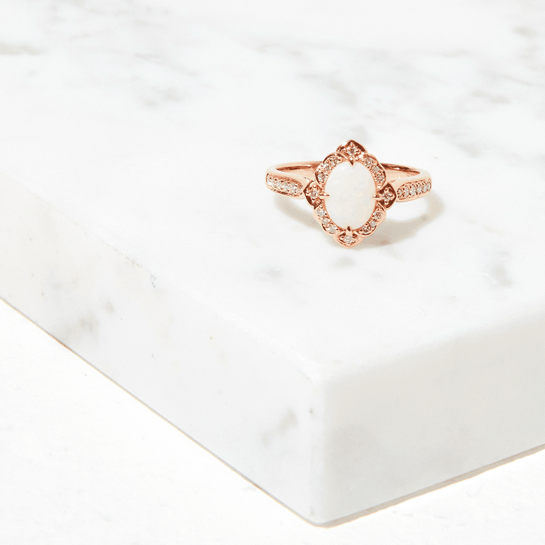 Solid White Opal & Diamond Ring in 9ct Rose Gold