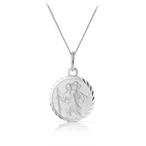St Christopher Round Medal Pendant in Sterling Silver, Solid Coin Style, Patron Saint of Travellers, 23mm Length, 16.5mm Diameter, 48MT12