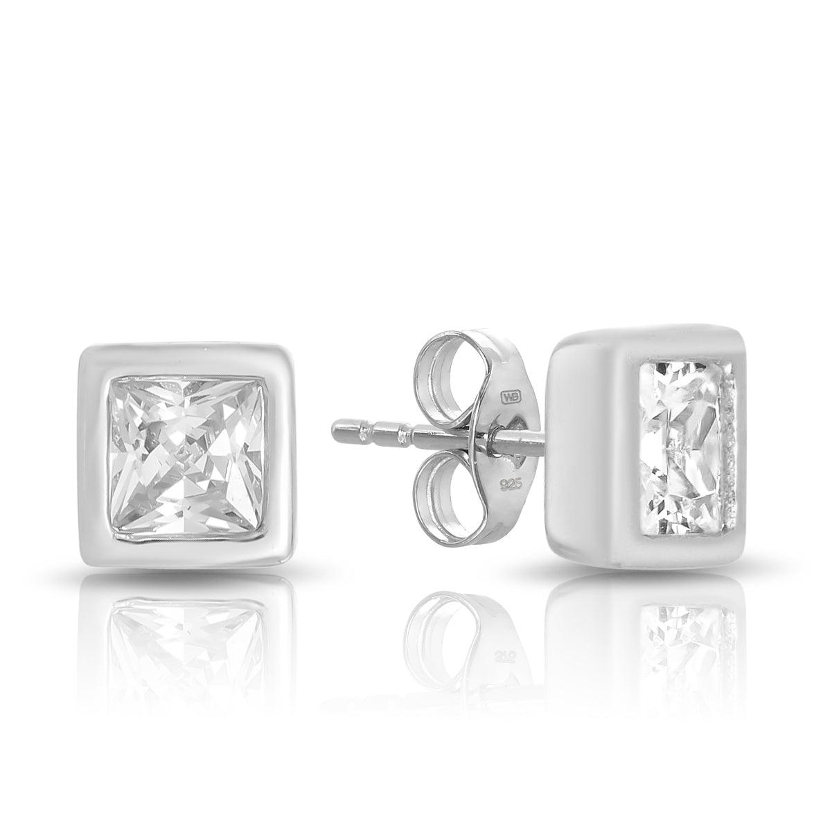 Sterling Silver Earrings Cubic Zirconia Square Stud Earrings