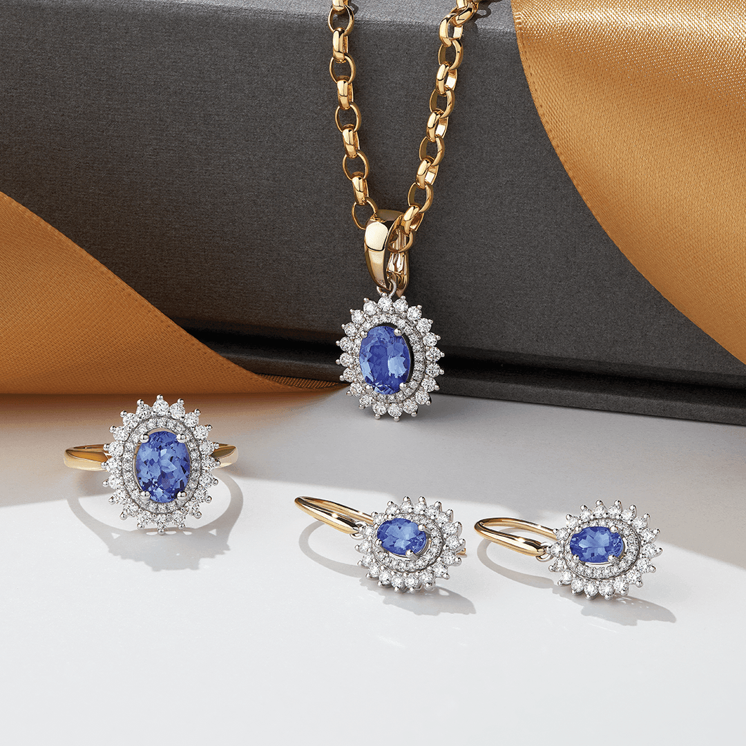 Tanzanite & Diamond Double Halo Drop Earrings in 9ct Yellow & White Gold - Wallace Bishop