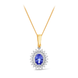 Tanzanite & Diamond Double Halo Pendant in 9ct Yellow and White Gold