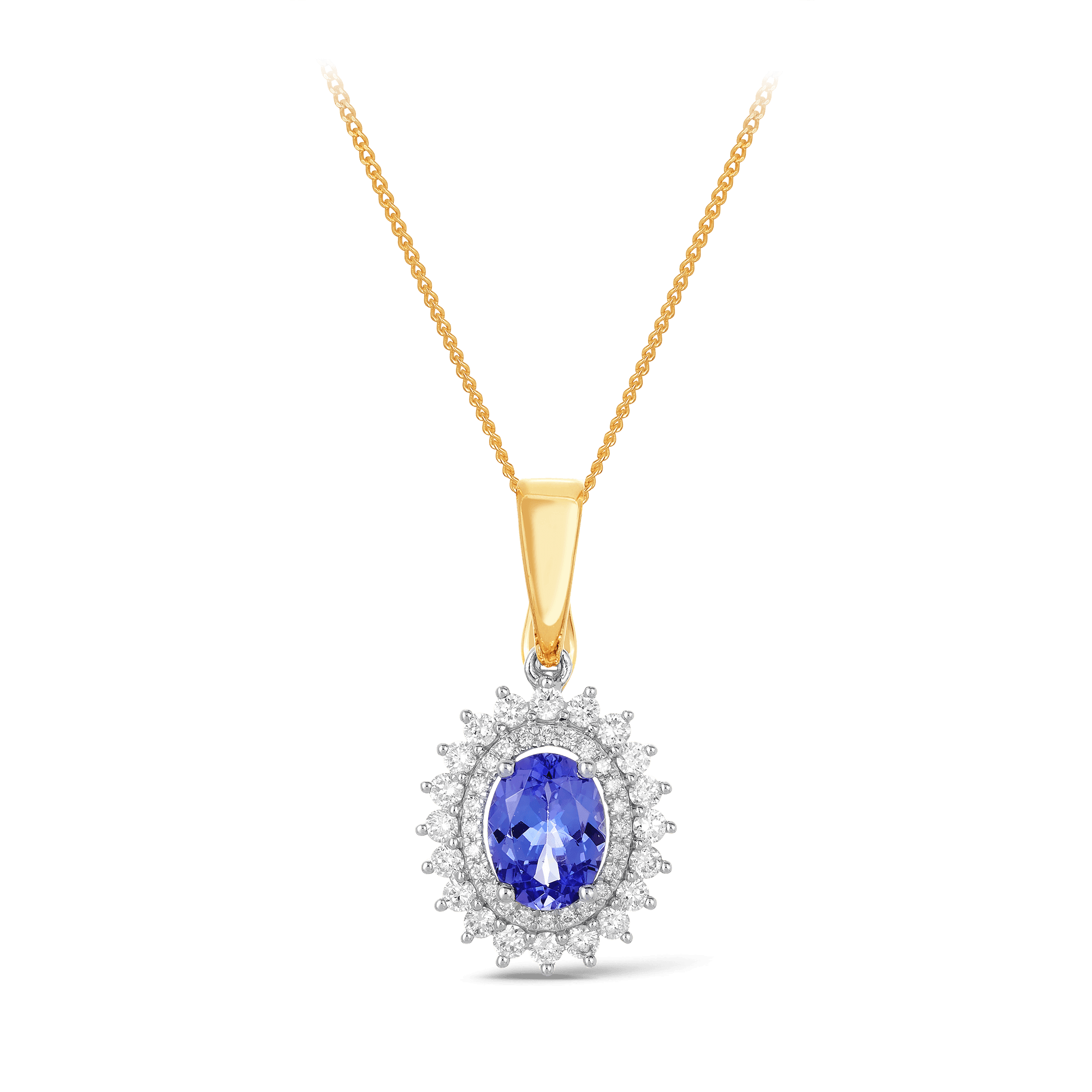 Tanzanite & Diamond Double Halo Pendant in 9ct Yellow and White Gold