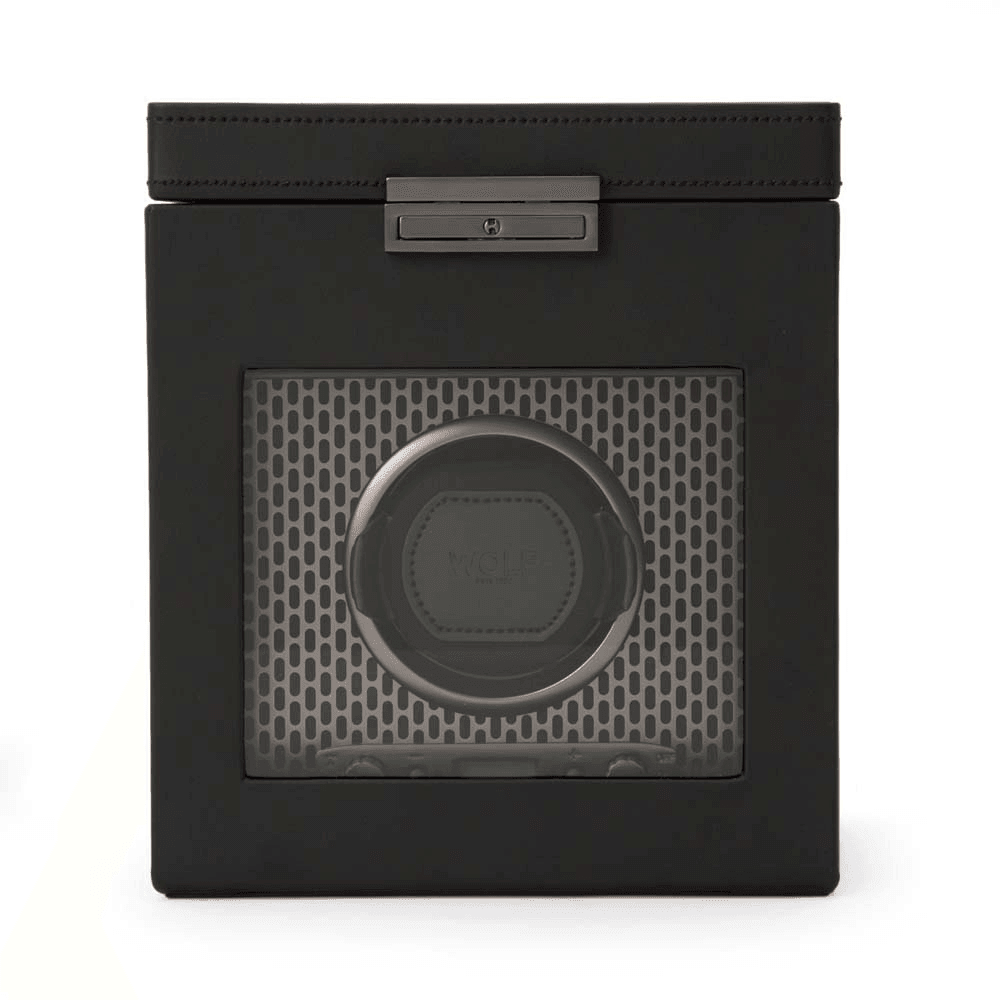 WOLF Axis Black Leather Single Automatic Watch Winder with Storage - Wallace Bishop