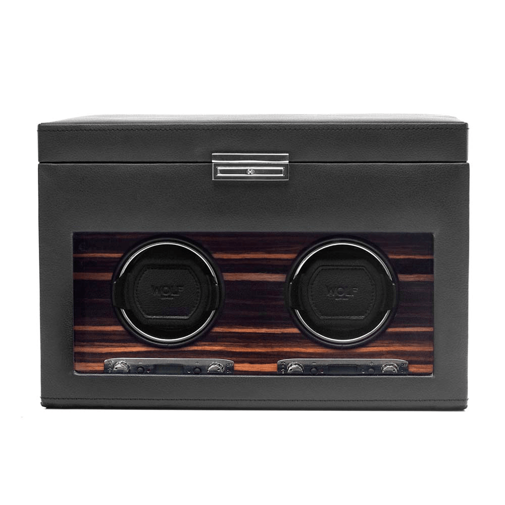Wolf Roadster Black Leather & Wood Grain Double Automatic Watch Winder with Storage 457256