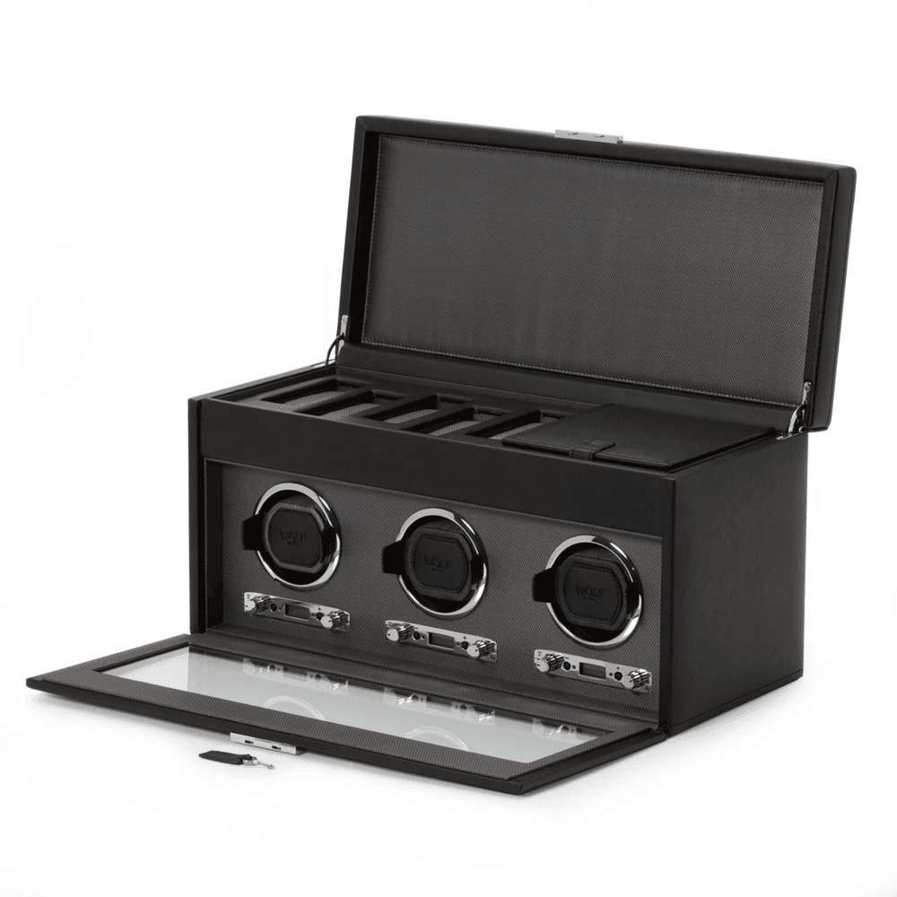 WOLF Viceroy Black Leather Triple Automatic Watch Winder with Storage - Wallace Bishop