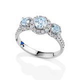Bluebird™ Aquamarine and Diamond Halo Trilogy Ring in 9ct White Gold