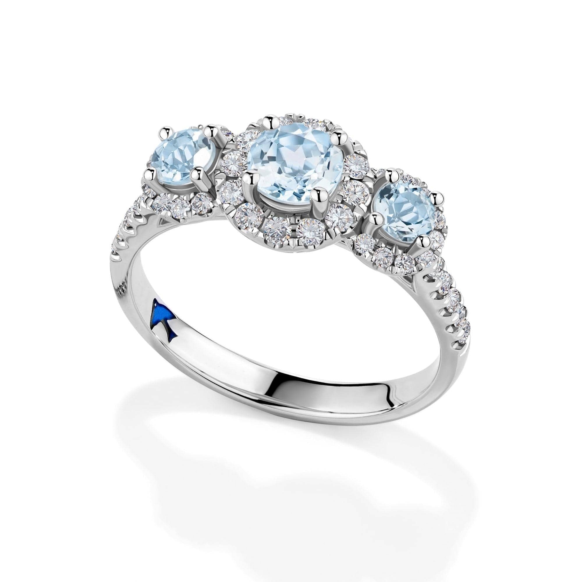 Bluebird™ Aquamarine and Diamond Halo Trilogy Ring in 9ct White Gold