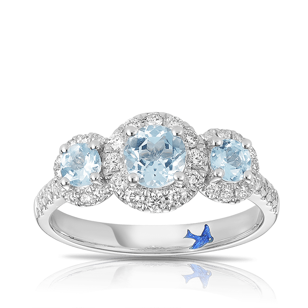 Bluebird™ Aquamarine and Diamond Halo Trilogy Ring in 9ct White Gold