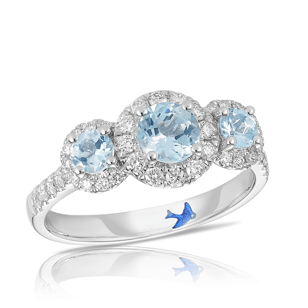 Bluebird™ Aquamarine and Diamond Halo Trilogy Ring in 9ct White Gold