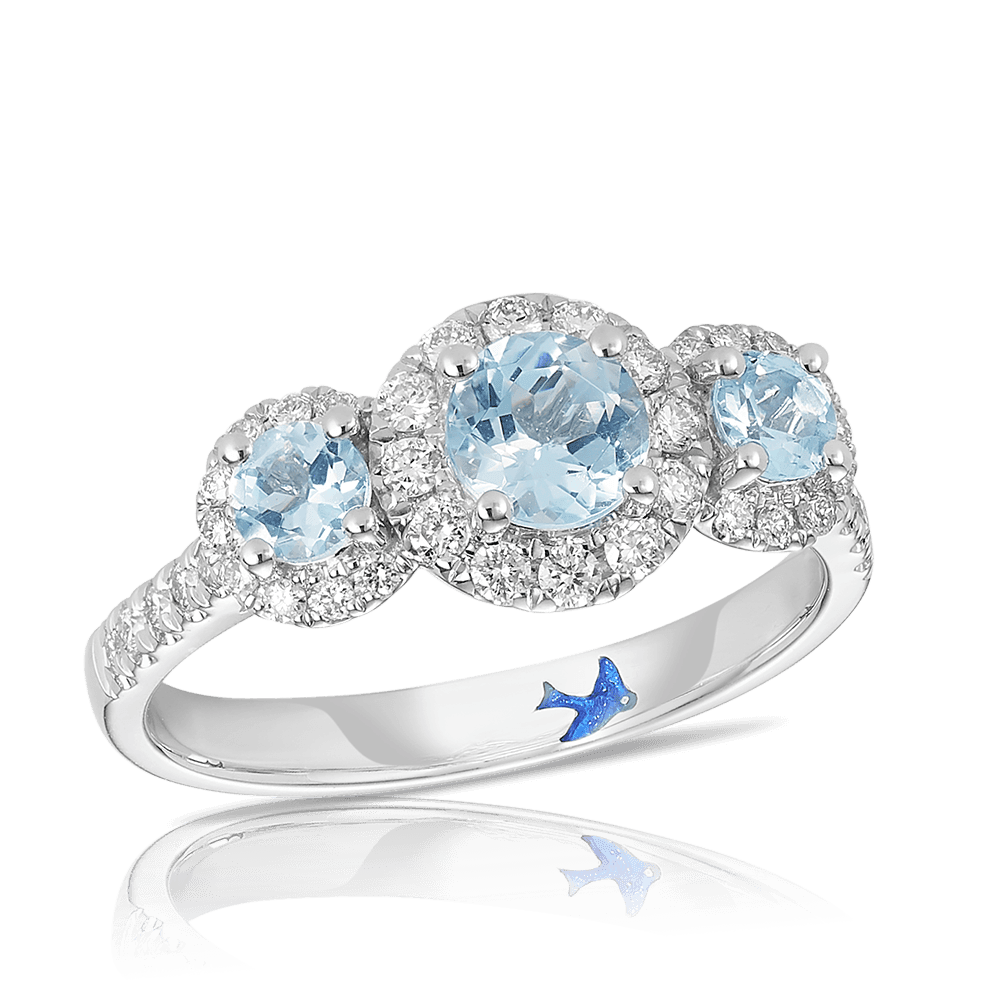 Bluebird of Happiness® Aquamarine and Diamond Halo Trilogy Ring in 9ct White Gold - Wallace Bishop