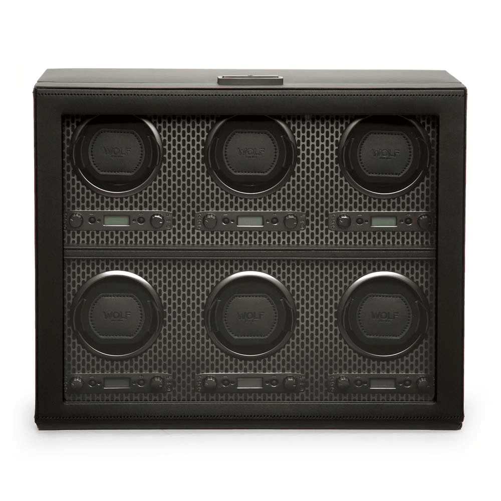 WOLF Axis Black Leather 6 Piece Automatic Watch Winder - Wallace Bishop