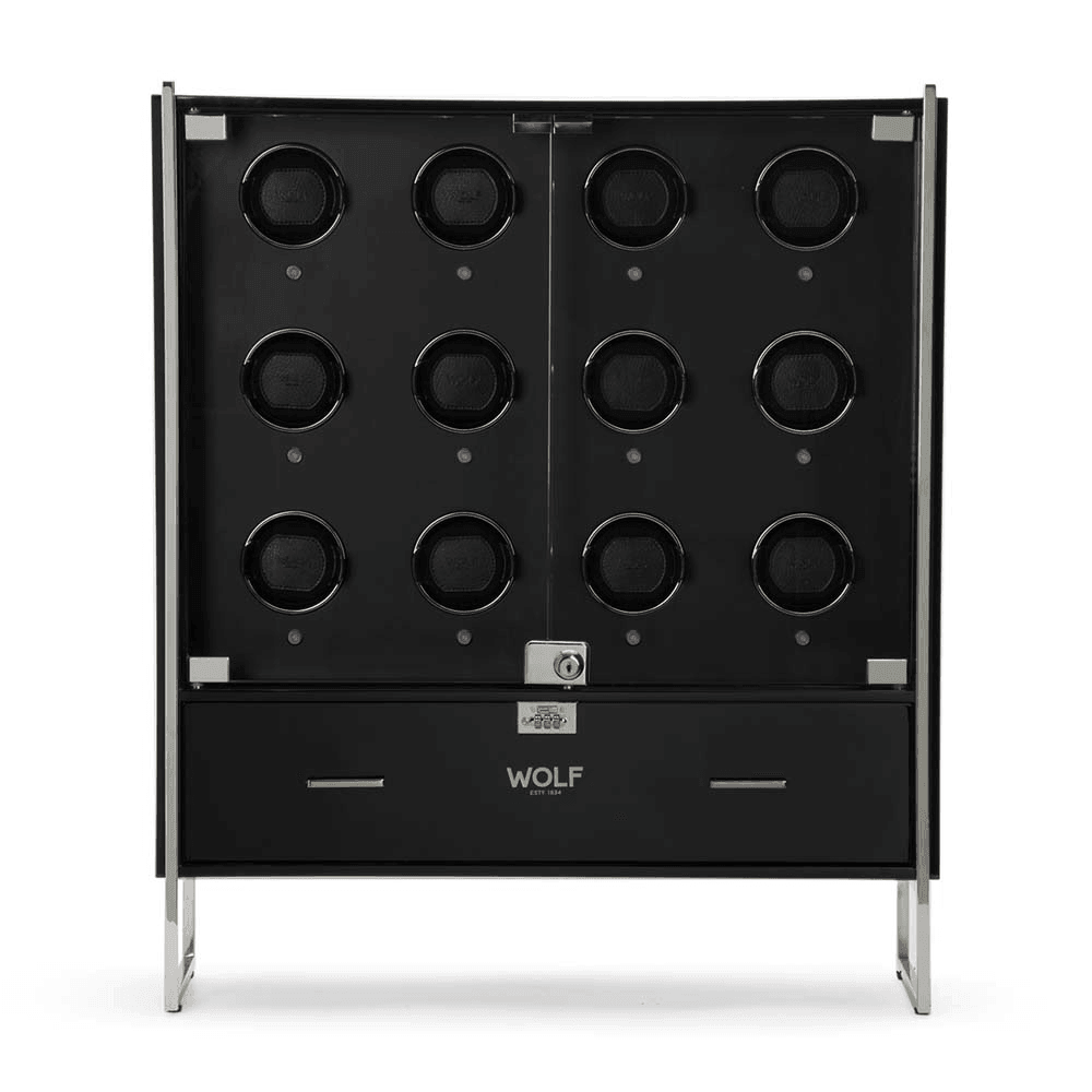 WOLF Regent Timber & Glass 12 Piece Cabinet Automatic Watch Winder with Locks & Storage - Wallace Bishop