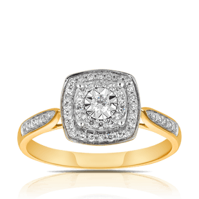 0.25ct TW Diamond Double Halo Engagement Ring in 9ct Yellow and White Gold - Wallace Bishop