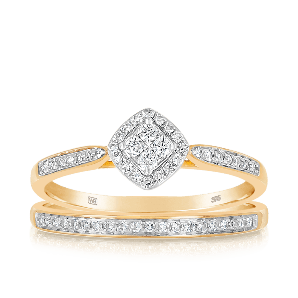 0.25ct TW Diamond Halo Engagement & Bridal Set in 9ct Yellow Gold - Wallace Bishop