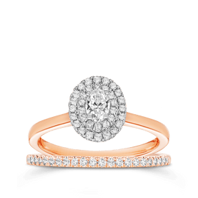 0.50ct TW Diamond Double Halo Oval Engagement & Bridal Set in 9ct Rose & White Gold - Wallace Bishop