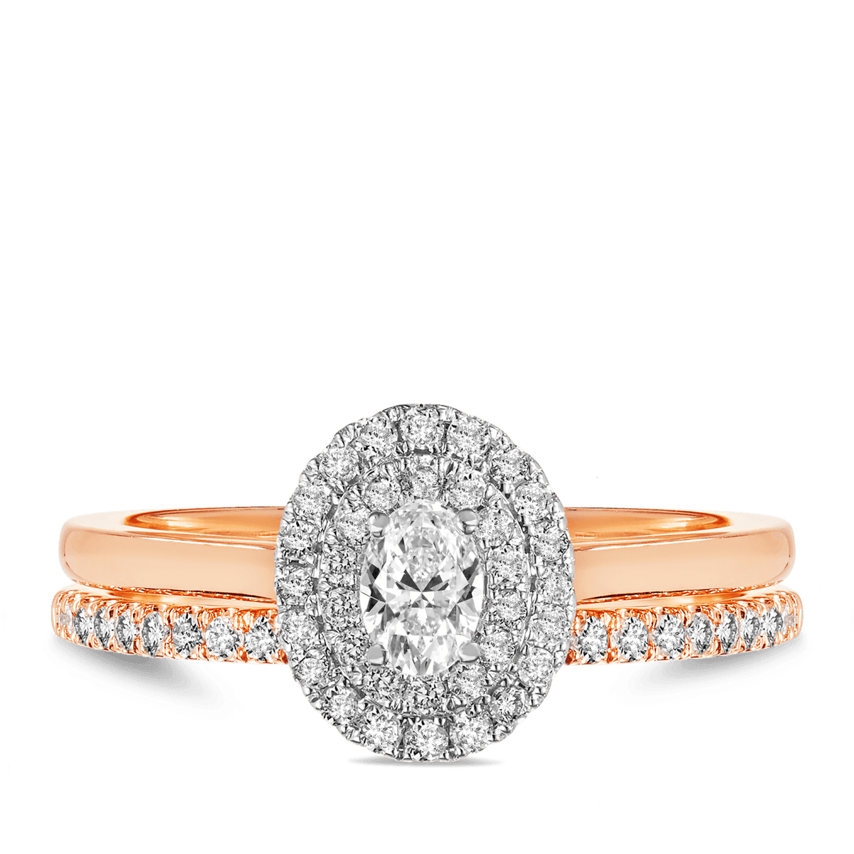 0.50ct TW Diamond Double Halo Oval Engagement & Bridal Set in 9ct Rose & White Gold - Wallace Bishop