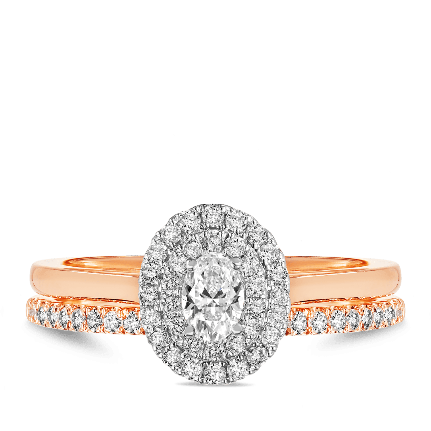 0.50ct TW Diamond Double Halo Oval Engagement & Bridal Set in 9ct Rose & White Gold - Wallace Bishop