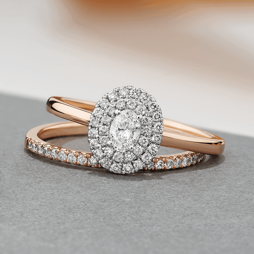 0.50ct TW Diamond Double Halo Oval Engagement & Bridal Set in 9ct Rose & White Gold - Wallace Bishop
