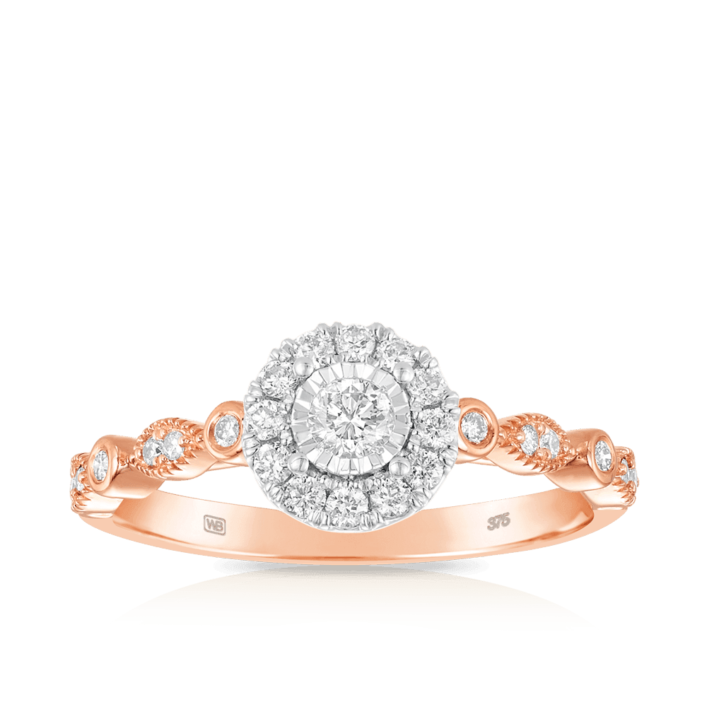 0.50ct TW Diamond Halo Engagement & Bridal Set Rings in 9ct Rose Gold