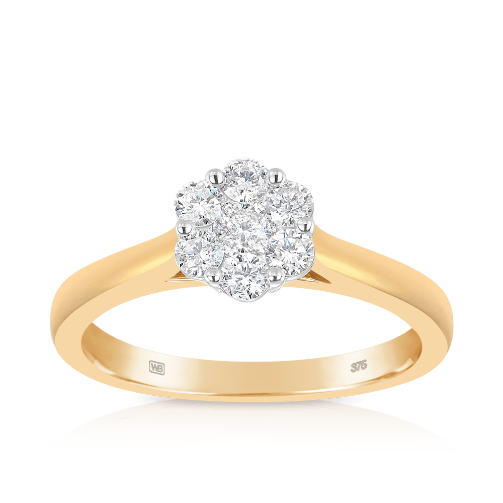0.50ct TW Round Brilliant Cut Diamond Cluster Engagement Ring in 9ct Yellow Gold - Wallace Bishop