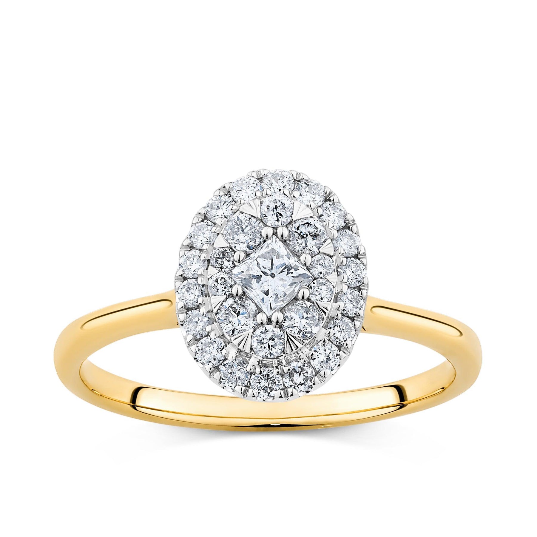 0.518ct TW Diamond Oval Halo Engagement Ring in 9ct Yellow and White Gold - Wallace Bishop