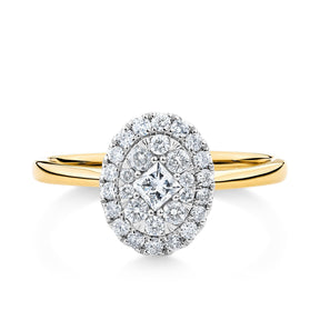 0.518ct TW Diamond Oval Halo Engagement Ring in 9ct Yellow and White Gold - Wallace Bishop