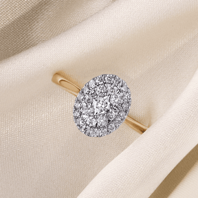 0.518ct TW Diamond Oval Halo Engagement Ring in 9ct Yellow and White Gold - Wallace Bishop