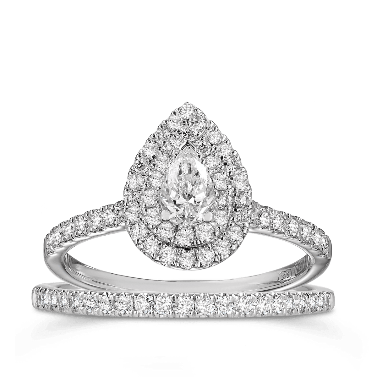 0.60ct TW Diamond Double Halo Pear Engagement & Bridal Set in 9ct White Gold - Wallace Bishop