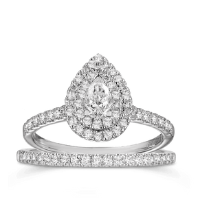 0.60ct TW Diamond Double Halo Pear Engagement & Bridal Set in 9ct White Gold - Wallace Bishop