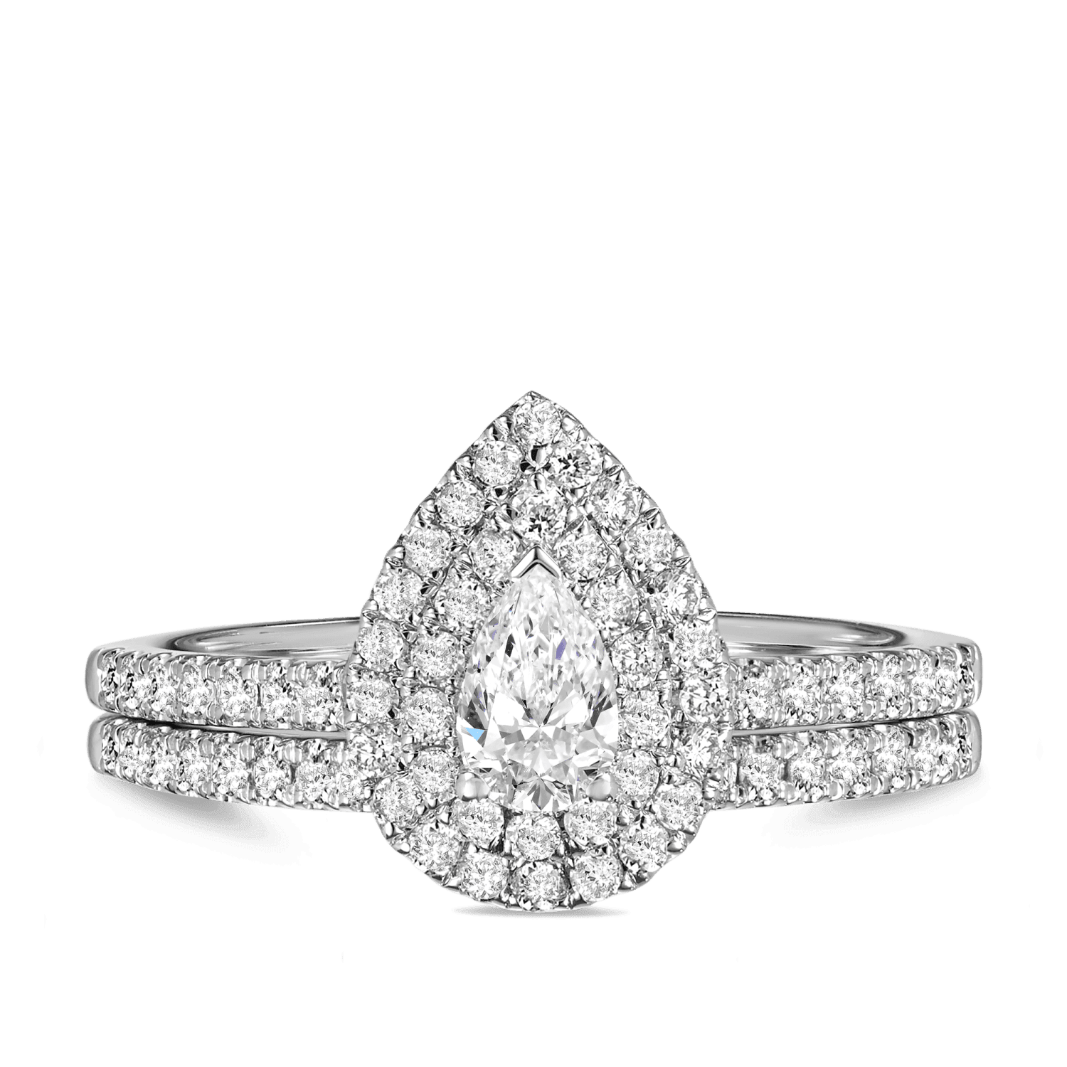 0.60ct TW Diamond Double Halo Pear Engagement & Bridal Set in 9ct White Gold - Wallace Bishop