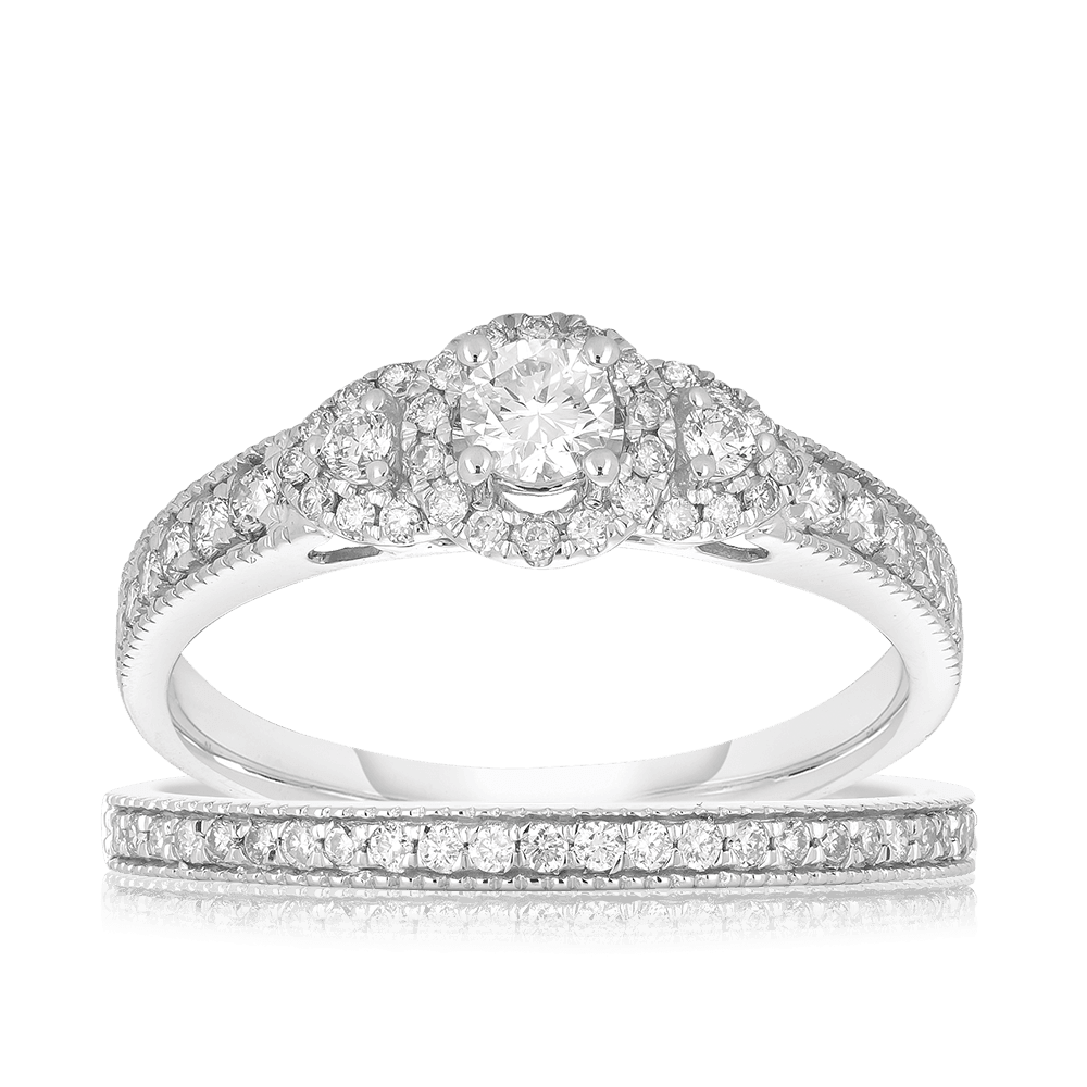 0.60ct TW Diamond Three Stone Engagement & Bridal Set in 9ct White Gold - Wallace Bishop