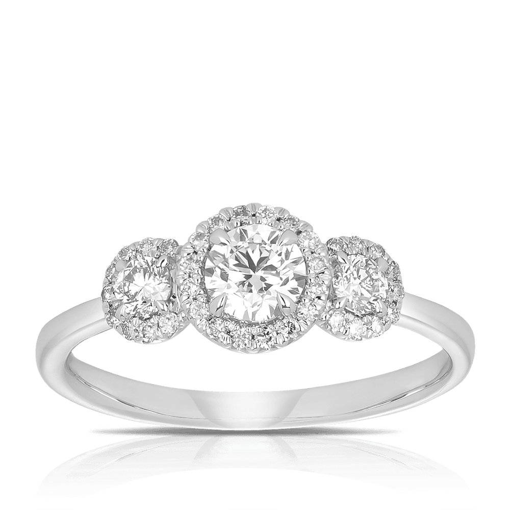 0.63ct TW Diamond Three Stone Halo Engagement Ring set in 9ct White Gold