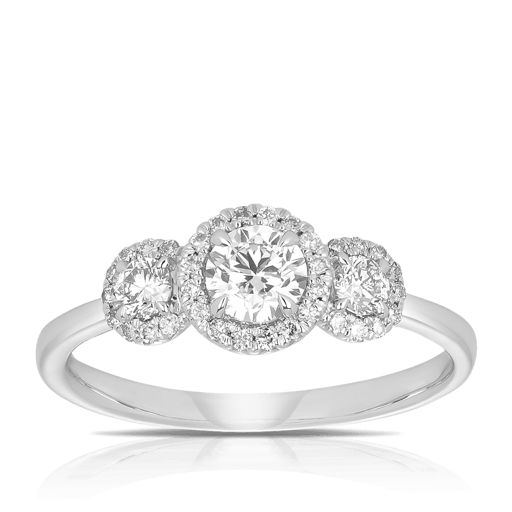 0.63ct TW Diamond Three Stone Halo Engagement Ring set in 9ct White Gold - Wallace Bishop