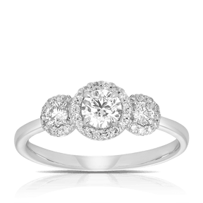 0.63ct TW Diamond Three Stone Halo Engagement Ring set in 9ct White Gold - Wallace Bishop