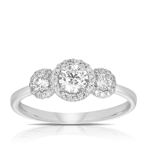 0.63ct TW Diamond Three Stone Halo Engagement Ring set in 9ct