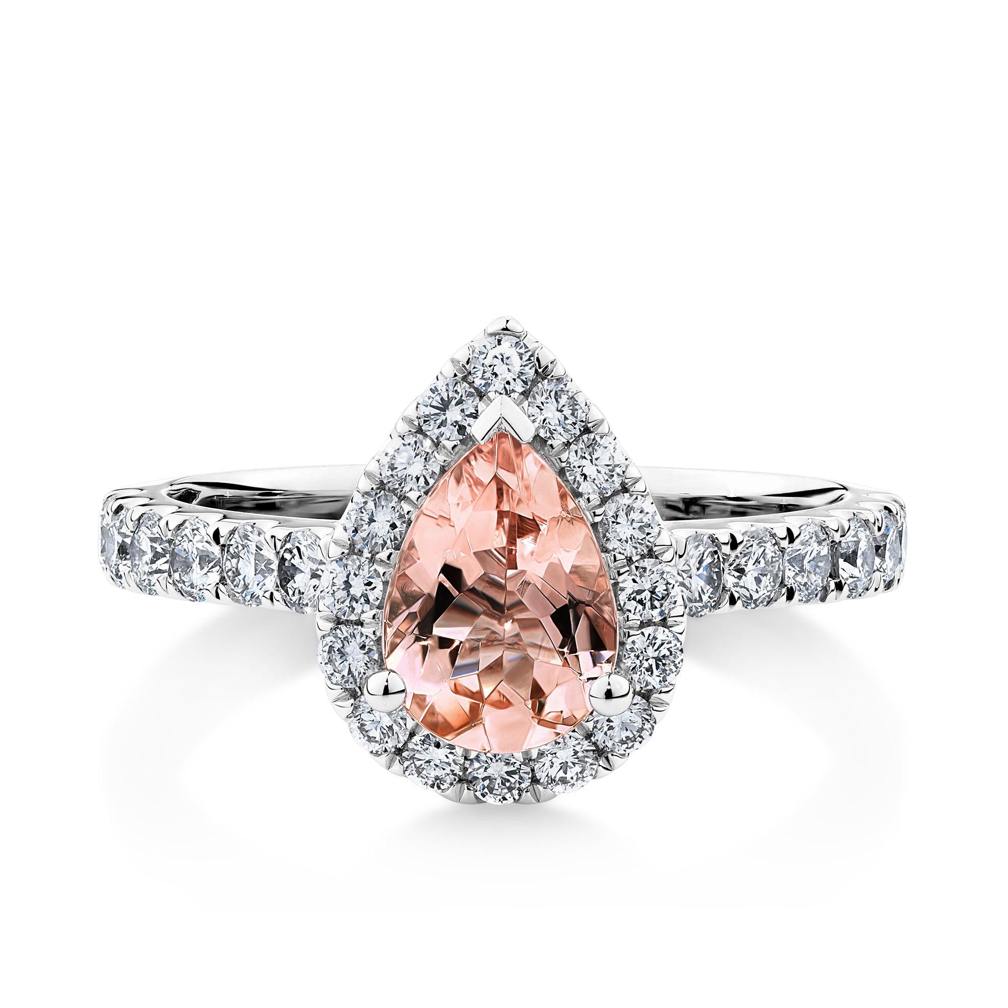 Bluebird™ Morganite & Diamond Pear Halo Ring in 9ct White Gold