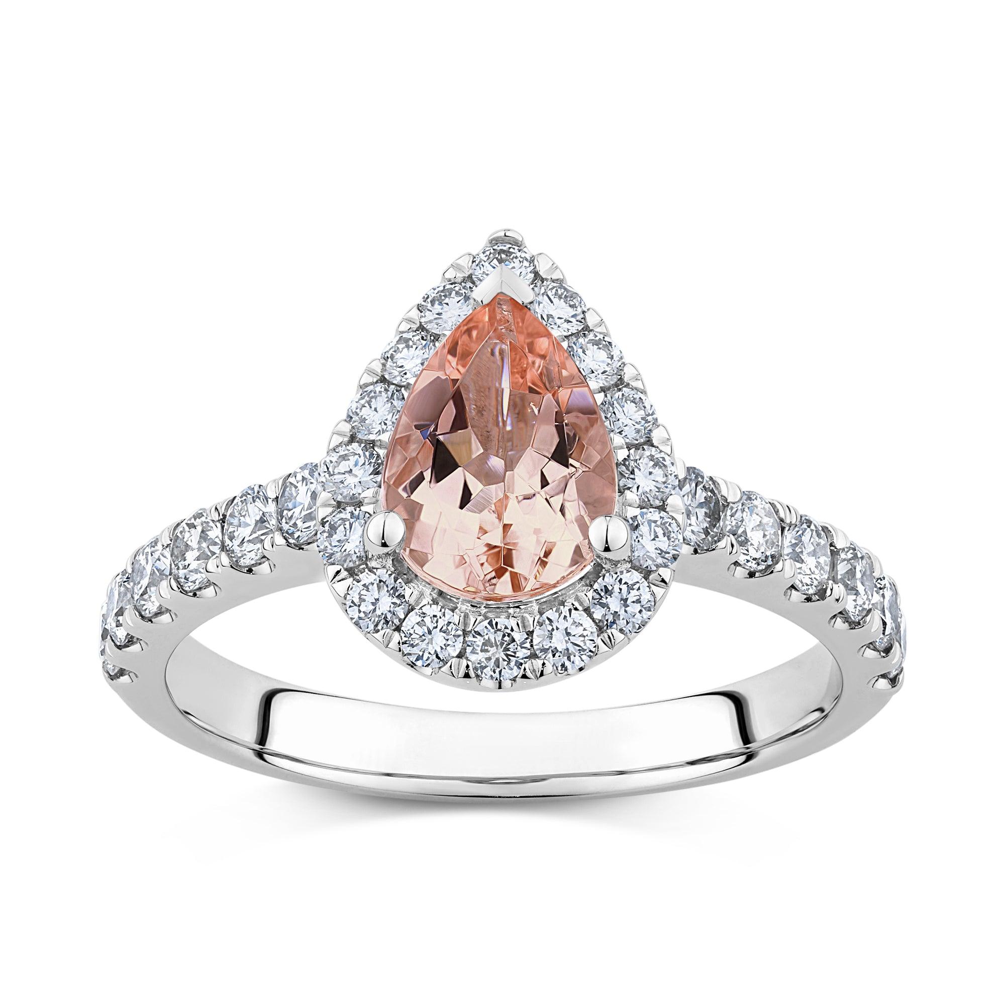 Bluebird™ Morganite & Diamond Pear Halo Ring in 9ct White Gold