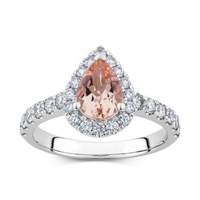 0.70ct TDW Bluebird™ Morganite & Diamond Pear Halo Ring in 9ct White Gold - Wallace Bishop