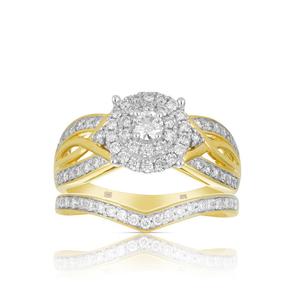 0.75ct TW Diamond Halo Engagement & Bridal Set in 9ct Yellow Gold