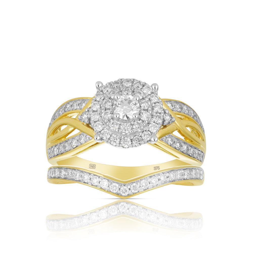 0.75ct TW Diamond Halo Engagement & Bridal Set in 9ct Yellow Gold - Wallace Bishop