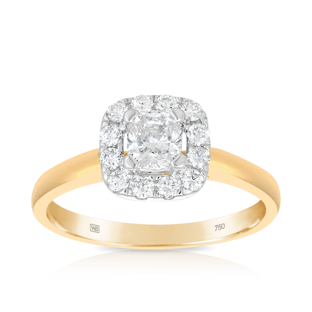 0.75ct TW Diamond Square Halo Engagement Ring in 18ct Yellow Gold