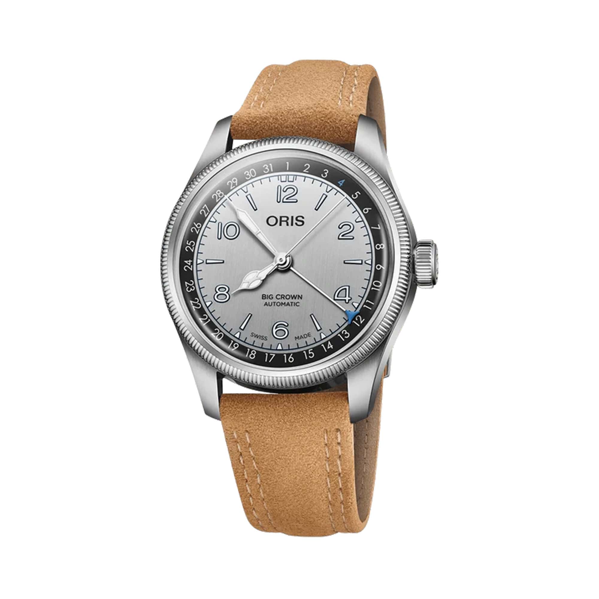 Oris Big Crown Pointer Date Lou Gehrig Limited Edition 40mm watch with silver dial and brown leather strap, reference 754 7785 4091-SET. The vertically brushed silver dial features a railway-style minute track, blue accents, and a central pointer date hand.