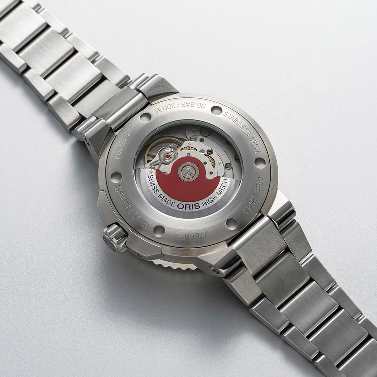 Back of the stainless steel bracelet on the Oris Aquis Date Relief 41.50cmm Automatic Watch 733 7766 4998MB. The clasp fastening and multi-piece bracelet construction are shown in detail.