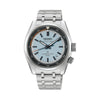 The Seiko Prospex Speedtimer Men’s 39.50mm Watch HBC003J features a light blue dial with orange accents, applied indexes and a date window at 4:30. The 39.5mm stainless steel case is fitted with a curved sapphire crystal.
