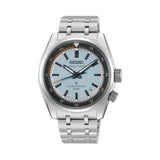 The Seiko Prospex Speedtimer Men’s 39.50mm Watch HBC003J features a light blue dial with orange accents, applied indexes and a date window at 4:30. The 39.5mm stainless steel case is fitted with a curved sapphire crystal.