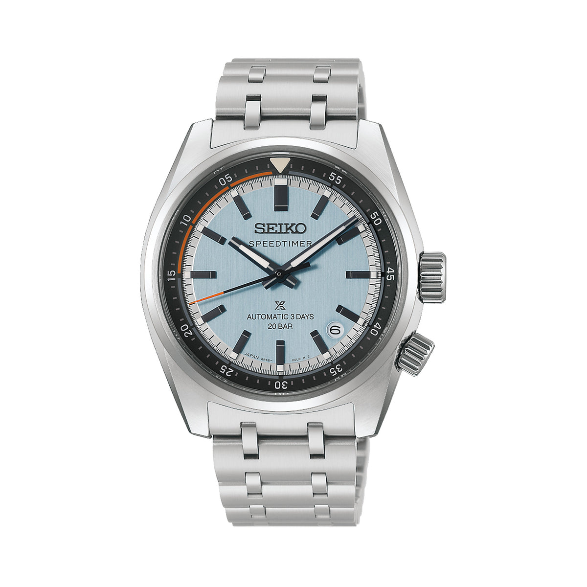 The Seiko Prospex Speedtimer Men’s 39.50mm Watch HBC003J features a light blue dial with orange accents, applied indexes and a date window at 4:30. The 39.5mm stainless steel case is fitted with a curved sapphire crystal.