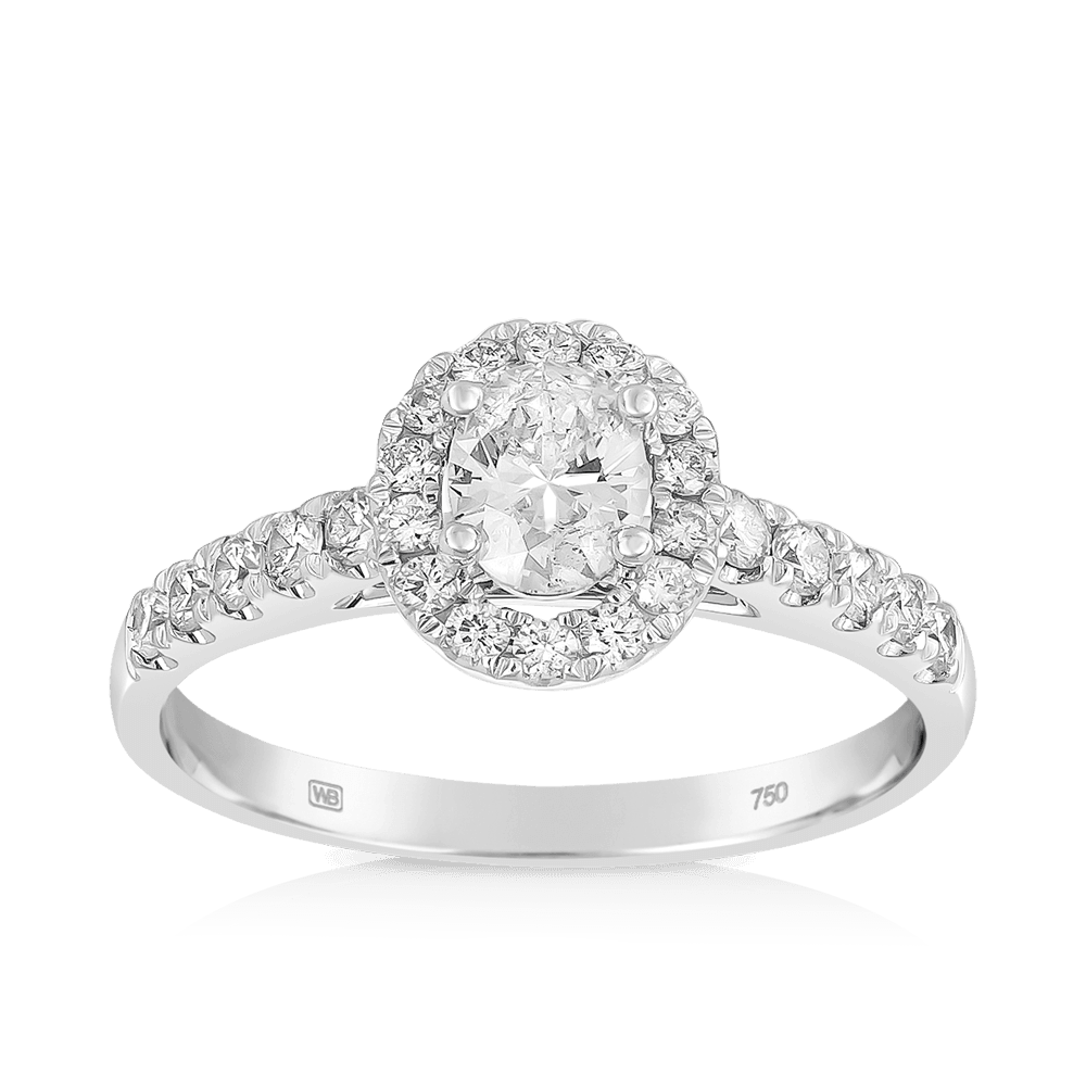 1.00 TW Oval Cut Diamond Halo Engagement Ring in 18ct White Gold
