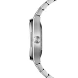This side profile of the Raymond Weil A.R.T. Automatic Men's 38mm Watch 1000-ST-20001 highlights its sculpted architectural case, with polished bevels and satin-brushed surfaces creating contrast at every angle. At 9.95mm thick, the case maintains a sleek, wearable silhouette.